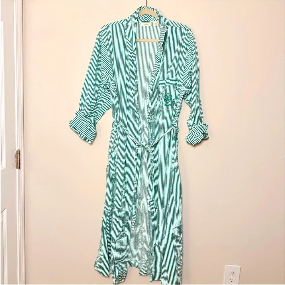 VTG Victoria's Secret Gold Label 100% Cotton Green Long Bathrobe Stripes SZ S